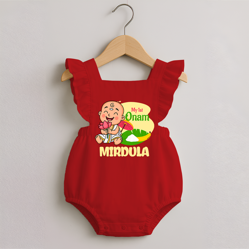 My First Onam Custom Romper Frock | Personalized Romper Frock for Your Baby's First Onam - RED - 0 - 3 Months Old (Chest 19")