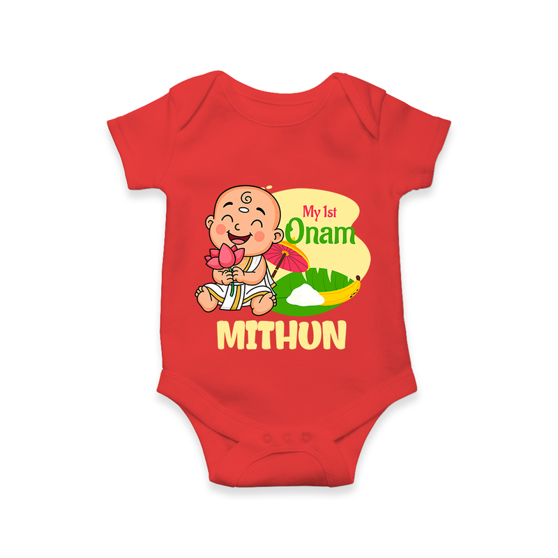 My First Onam Custom Romper / Onesie | Personalized Romper / Onesie for Your Baby's First Onam - RED - New Born (Chest 14")