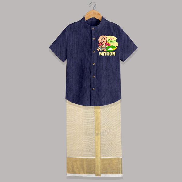 My First Onam Custom Shirt And Dhoti | Personalized Shirt And Dhoti for Your Baby's First Onam - DARK BLUE - 0 - 6 Months Old (Chest-23") (Dhoti length-14")