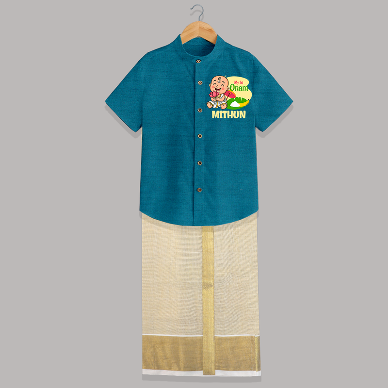 My First Onam Custom Shirt And Dhoti | Personalized Shirt And Dhoti for Your Baby's First Onam - PEACOCK BLUE - 0 - 6 Months Old (Chest-23") (Dhoti length-14")