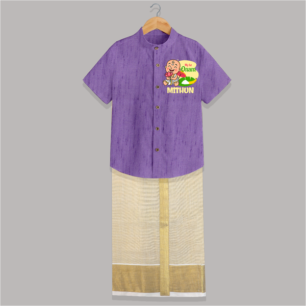 My First Onam Custom Shirt And Dhoti | Personalized Shirt And Dhoti for Your Baby's First Onam - ROYAL PURPLE - 0 - 6 Months Old (Chest-23") (Dhoti length-14")