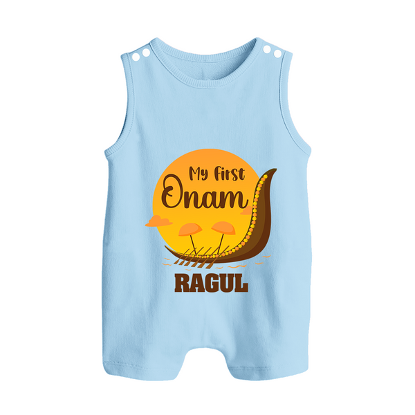 My First Onam Kerala Snake Boat Button Romper - BABY BLUE - New Born (Chest 18")