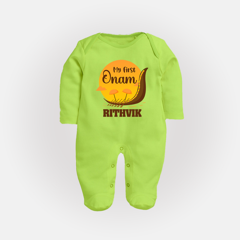 My 1st Onam Celebration Sleep Suit | Custom Baby Sleep Suit for First Onam - LIME GREEN - New Born (Chest 7.5")