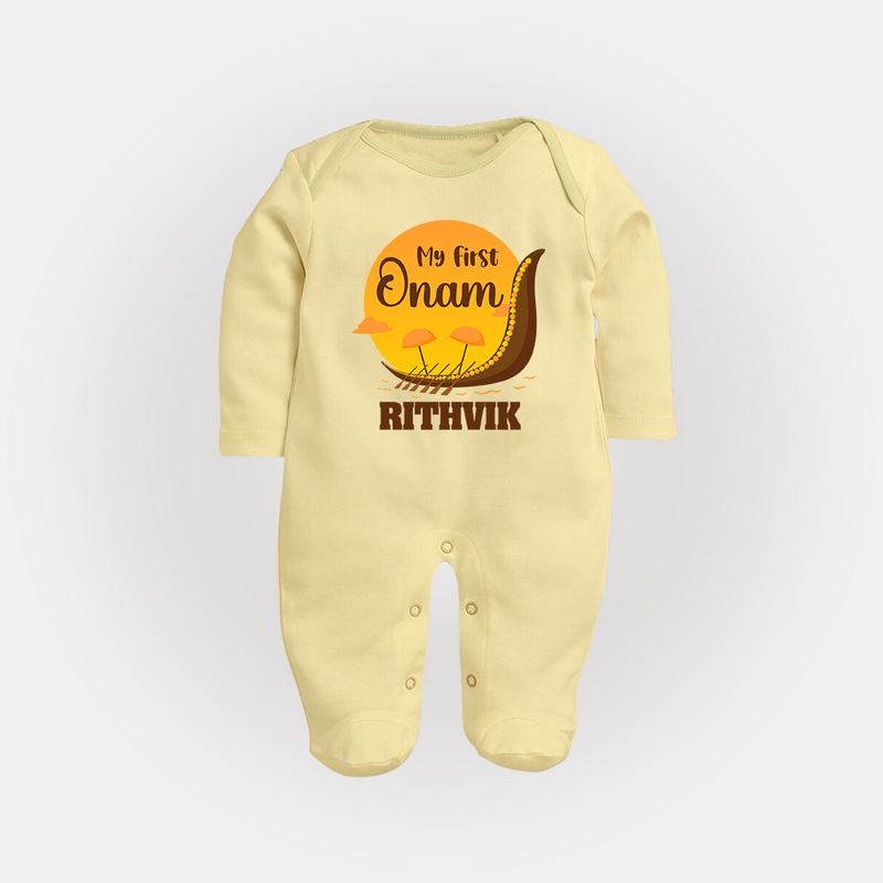 My 1st Onam Celebration Sleep Suit | Custom Baby Sleep Suit for First Onam - PASTEL YELLOW - New Born (Chest 7.5")