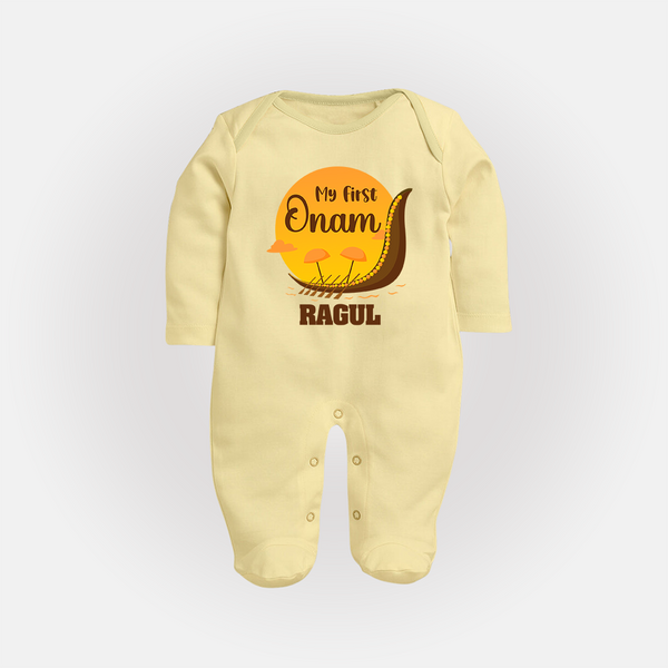 My First Onam Kerala Snake Boat Full Body Suit - PASTEL YELLOW - New Born (Chest 7.5")