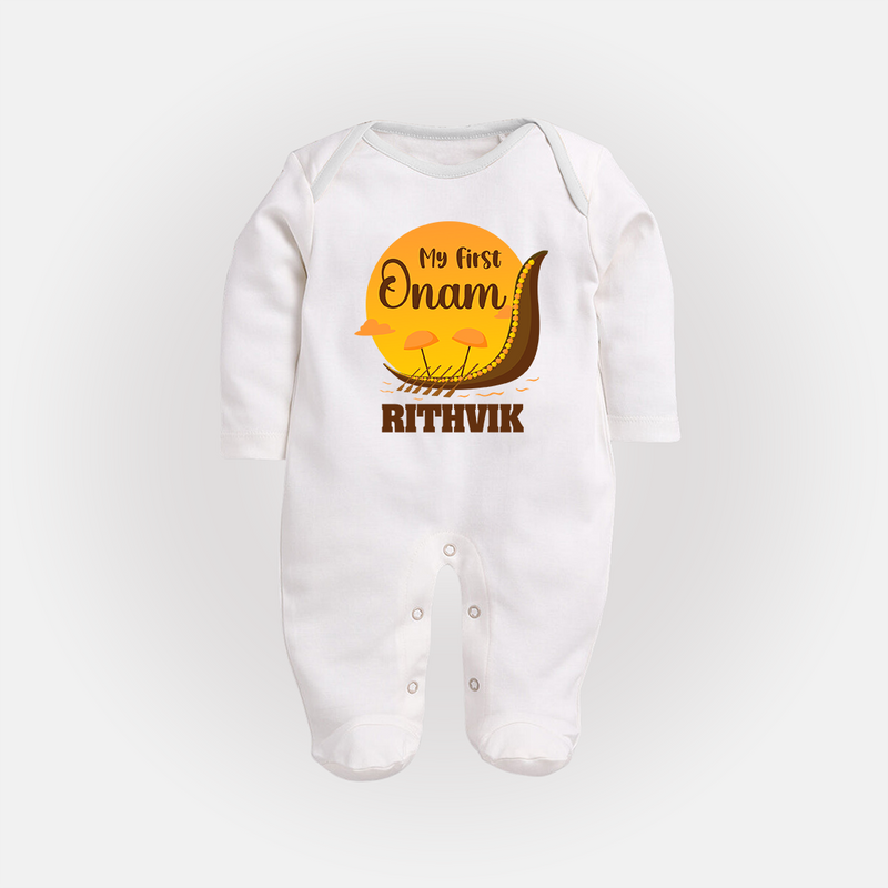 My 1st Onam Celebration Sleep Suit | Custom Baby Sleep Suit for First Onam - WHITE - New Born (Chest 7.5")