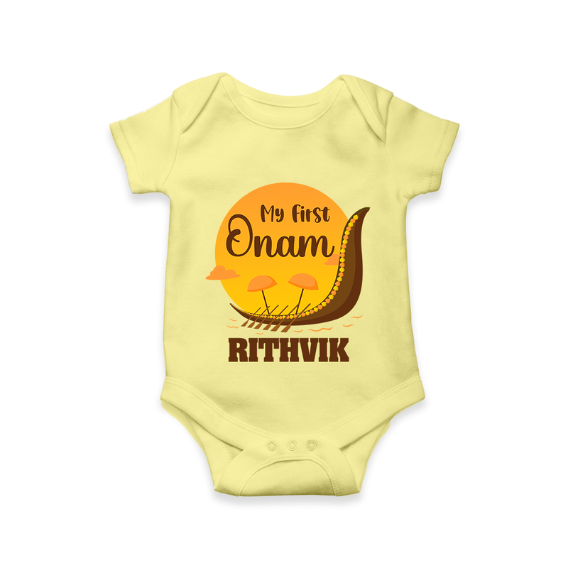My 1st Onam Celebration Romper / Onesie | Custom Baby Romper / Onesie for First Onam - PASTEL YELLOW - New Born (Chest 14")