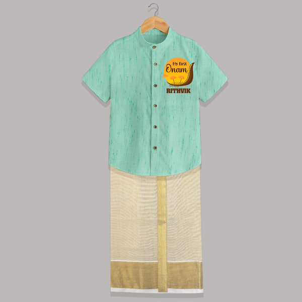 My 1st Onam Celebration Shirt And Dhoti | Custom Baby Shirt And Dhoti for First Onam - AQUA GREEN - 0 - 6 Months Old (Chest-23") (Dhoti length-14")