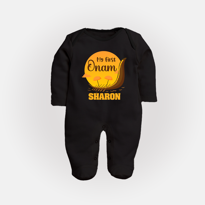 My 1st Onam Celebration Sleep Suit | Custom Baby Sleep Suit for First Onam - BLACK - New Born (Chest 7.5")