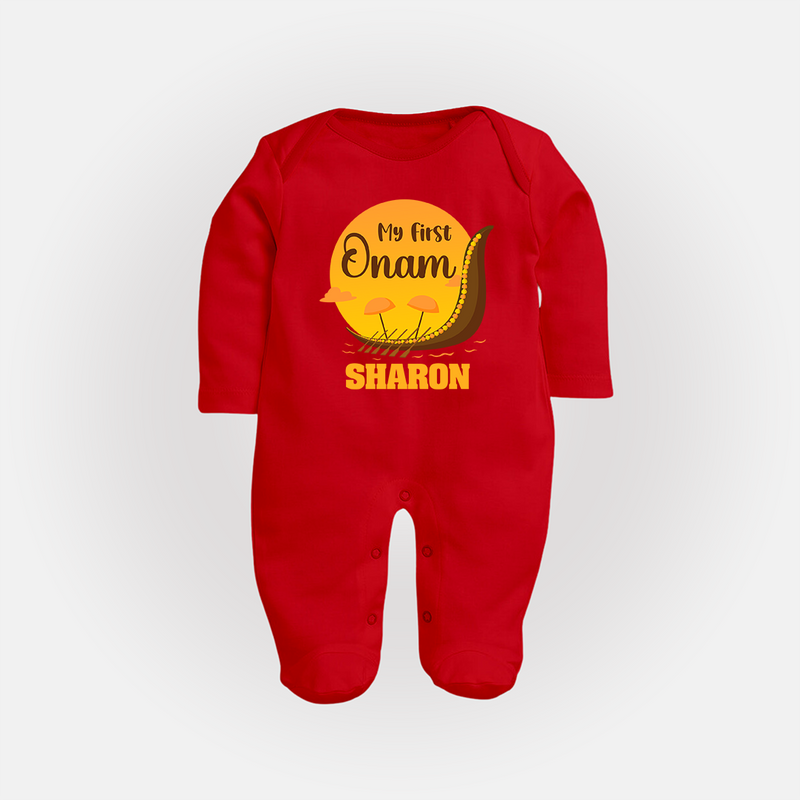 My 1st Onam Celebration Sleep Suit | Custom Baby Sleep Suit for First Onam - RED - New Born (Chest 7.5")