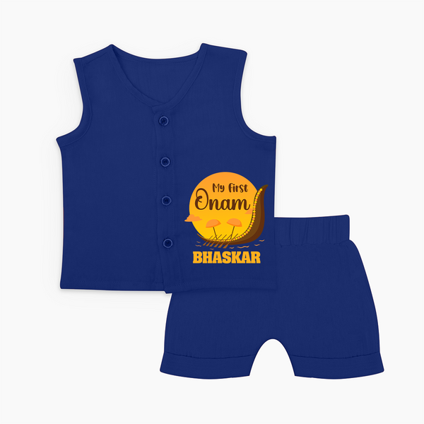My First Onam Kerala Snake Boat Jabla Shorts Set - NAVY BLUE - 0 - 3 Months Old (Chest 9.8")