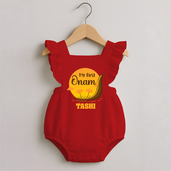 My First Onam Kerala Snake Boat Romper Frock - RED - 0 - 3 Months Old (Chest 19")
