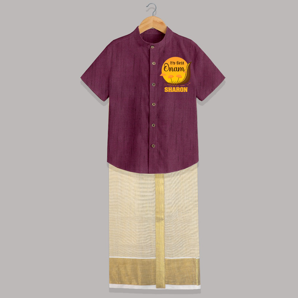 My 1st Onam Celebration Shirt And Dhoti | Custom Baby Shirt And Dhoti for First Onam - WINE - 0 - 6 Months Old (Chest-23") (Dhoti length-14")