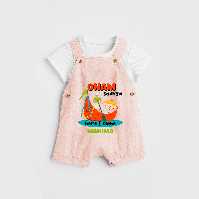 Onam Sadhya Is Here - Customised Dungaree for kids - PEACH - 0 - 5 Months Old (Chest 18")