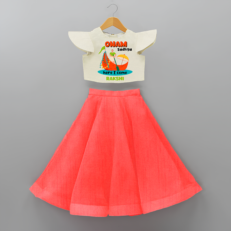 Onam Sadhya Is Here - Customised Crop Top and Skirt for kids - RED - 0-6 Month Old (Chest 20") (Frock Waist 20")