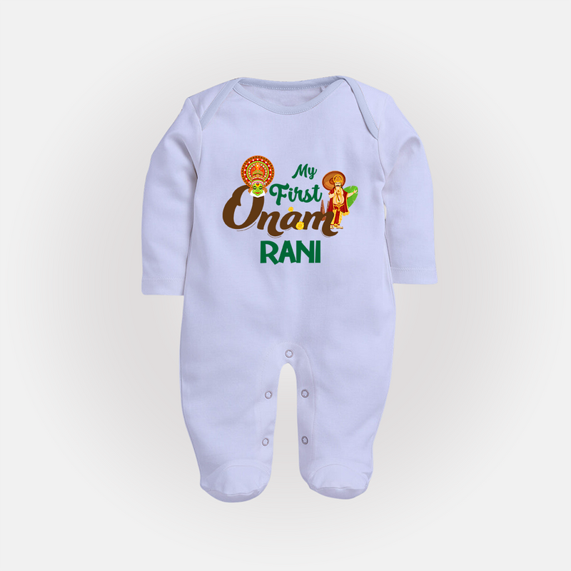 My First Onam Baby Sleep Suit | Customizable Sleep Suit for Onam Celebrations - BABY BLUE - New Born (Chest 7.5")