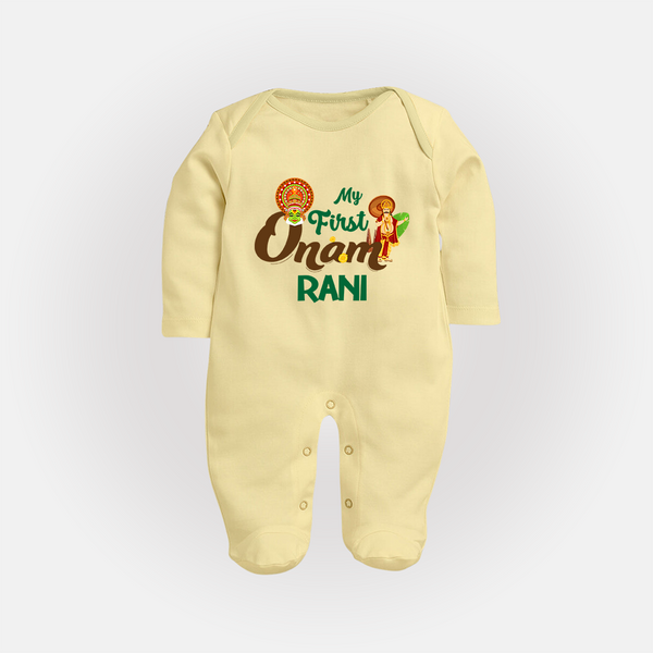 My First Onam Baby Sleep Suit | Customizable Sleep Suit for Onam Celebrations - PASTEL YELLOW - New Born (Chest 7.5")