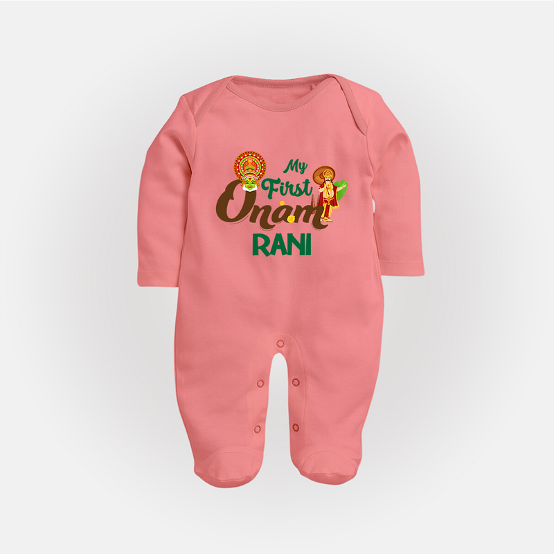 My First Onam Baby Sleep Suit | Customizable Sleep Suit for Onam Celebrations - PEACH - New Born (Chest 7.5")