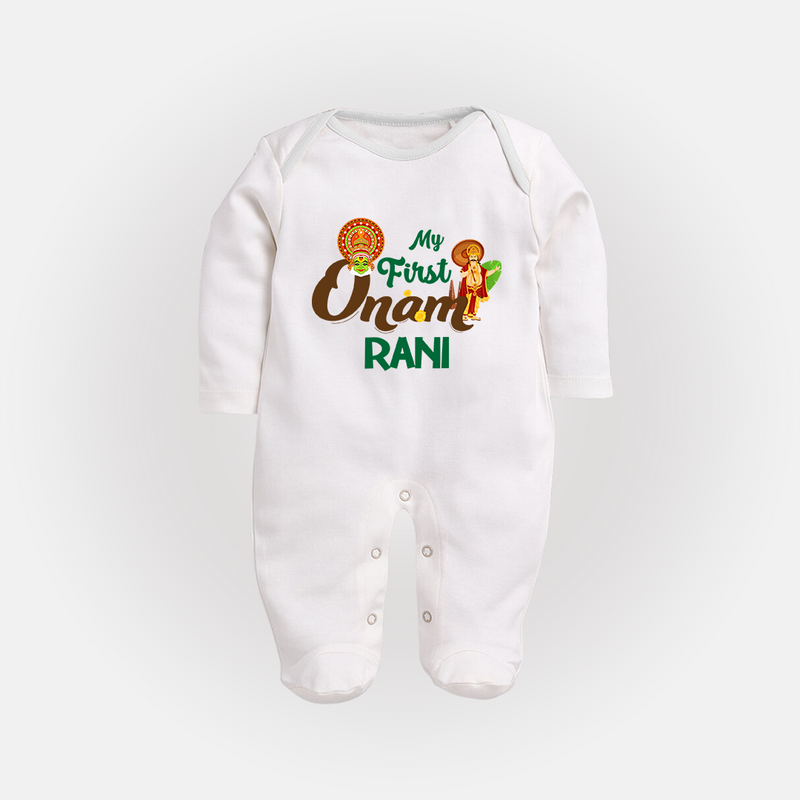 My First Onam Baby Sleep Suit | Customizable Sleep Suit for Onam Celebrations - WHITE - New Born (Chest 7.5")