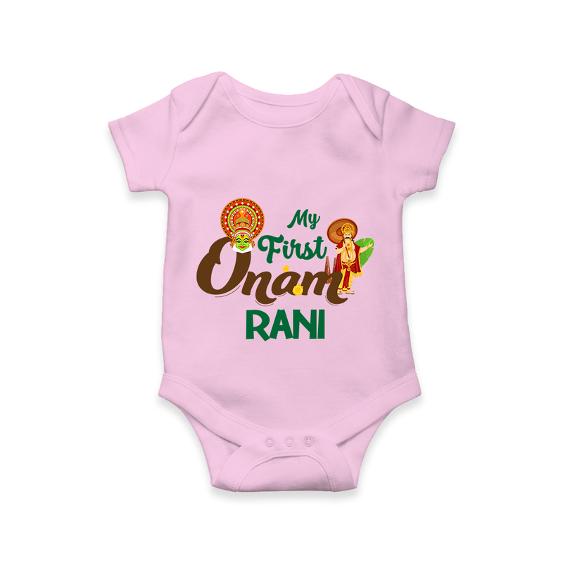 My First Onam Baby Romper / Onesie | Customizable Romper / Onesie for Onam Celebrations - BABY PINK - New Born (Chest 14")