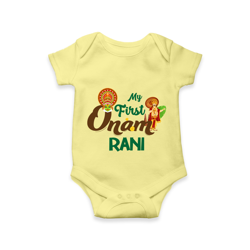 My First Onam Baby Romper / Onesie | Customizable Romper / Onesie for Onam Celebrations - PASTEL YELLOW - New Born (Chest 14")