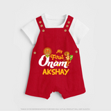 My First Onam Baby Dungaree Set | Customizable Dungaree Set for Onam Celebrations - RED - 0 - 5 Months Old (Chest 18")