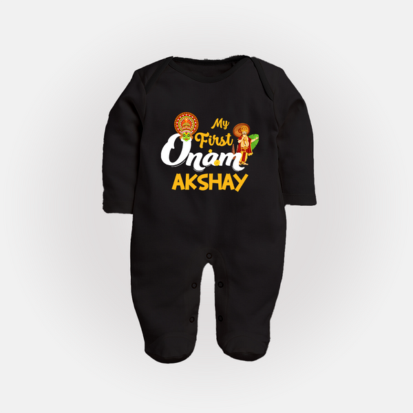 My First Onam Baby Sleep Suit | Customizable Sleep Suit for Onam Celebrations - BLACK - New Born (Chest 7.5")