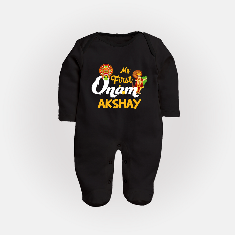 My First Onam Baby Sleep Suit | Customizable Sleep Suit for Onam Celebrations - BLACK - New Born (Chest 7.5")