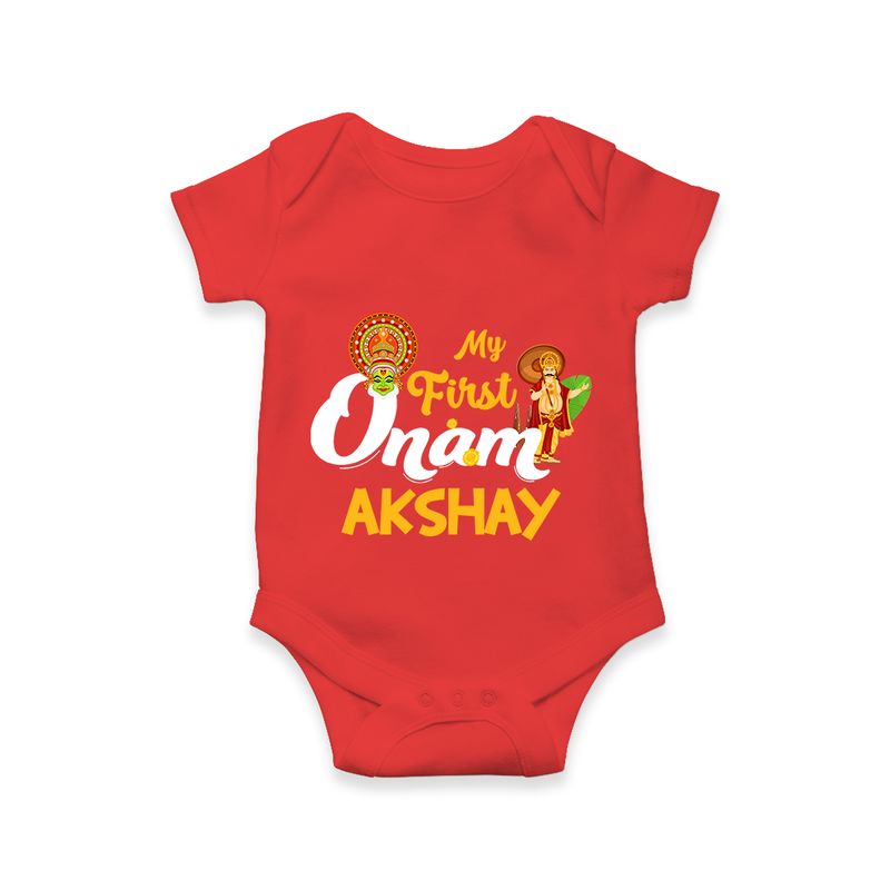 My First Onam Baby Romper / Onesie | Customizable Romper / Onesie for Onam Celebrations - RED - New Born (Chest 14")