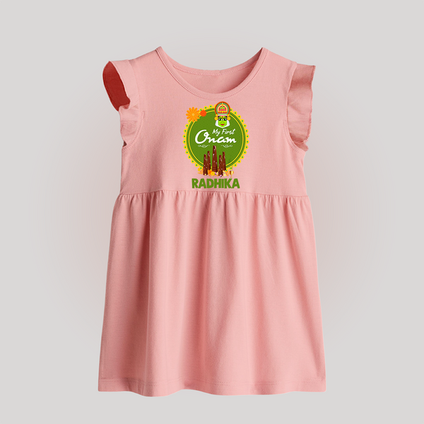 My First Onam Kerala Heritage Emblem Baby Frock - BABY PINK - 0 - 3 Months Old (Chest 17")