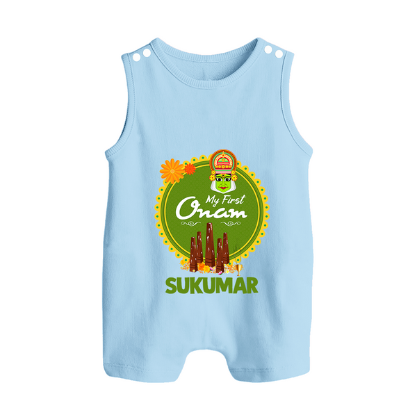 My First Onam Kerala Heritage Emblem Button Romper - BABY BLUE - New Born (Chest 18")