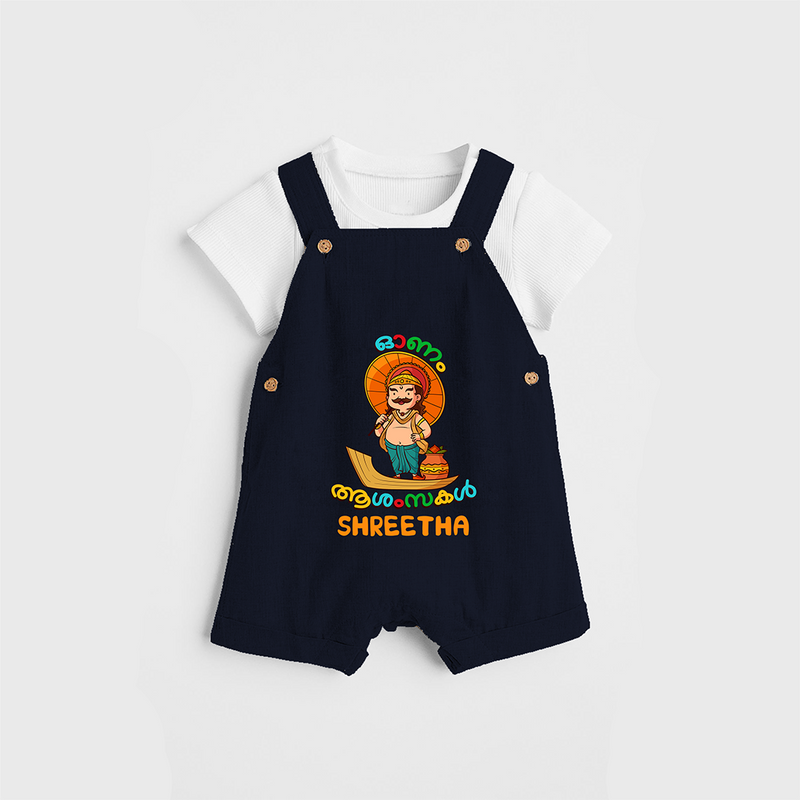 Onam Ashamsakal - Customised Dungaree for kids - NAVY BLUE - 0 - 5 Months Old (Chest 18")