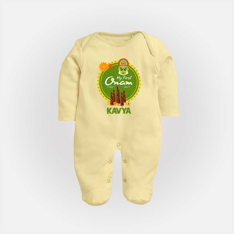 My First Onam Sleep Suit for Baby | Personalized Baby Sleep Suit for Onam Festivities - PASTEL YELLOW - New Born (Chest 7.5")