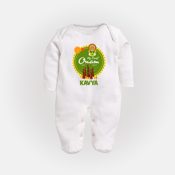 My First Onam Sleep Suit for Baby | Personalized Baby Sleep Suit for Onam Festivities - WHITE - New Born (Chest 7.5")