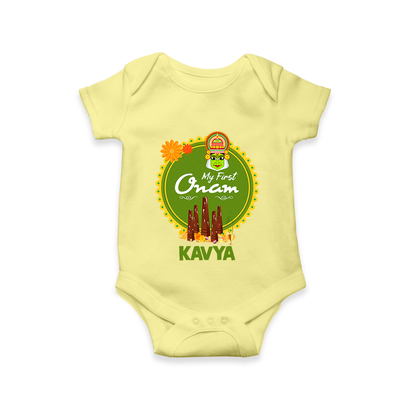 My First Onam Romper / Onesie for Baby | Personalized Baby Romper / Onesie for Onam Festivities - PASTEL YELLOW - New Born (Chest 14")