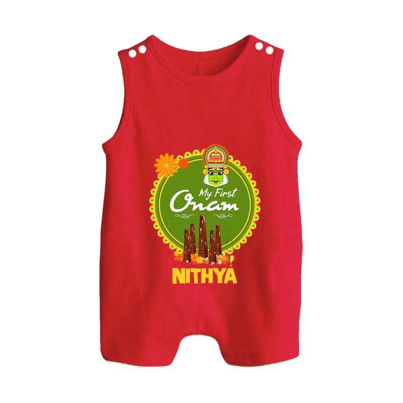 My First Onam Romper Suit / Sleeveless Romper for Baby | Personalized Baby Romper Suit / Sleeveless Romper for Onam Festivities - RED - 0 - 5 Months Old (Chest 18")