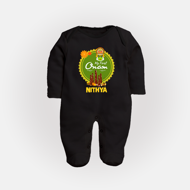 My First Onam Sleep Suit for Baby | Personalized Baby Sleep Suit for Onam Festivities - BLACK - New Born (Chest 7.5")