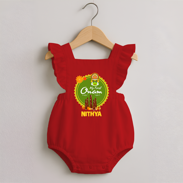 My First Onam Romper Frock for Baby | Personalized Baby Romper Frock for Onam Festivities - RED - 0 - 3 Months Old (Chest 19")