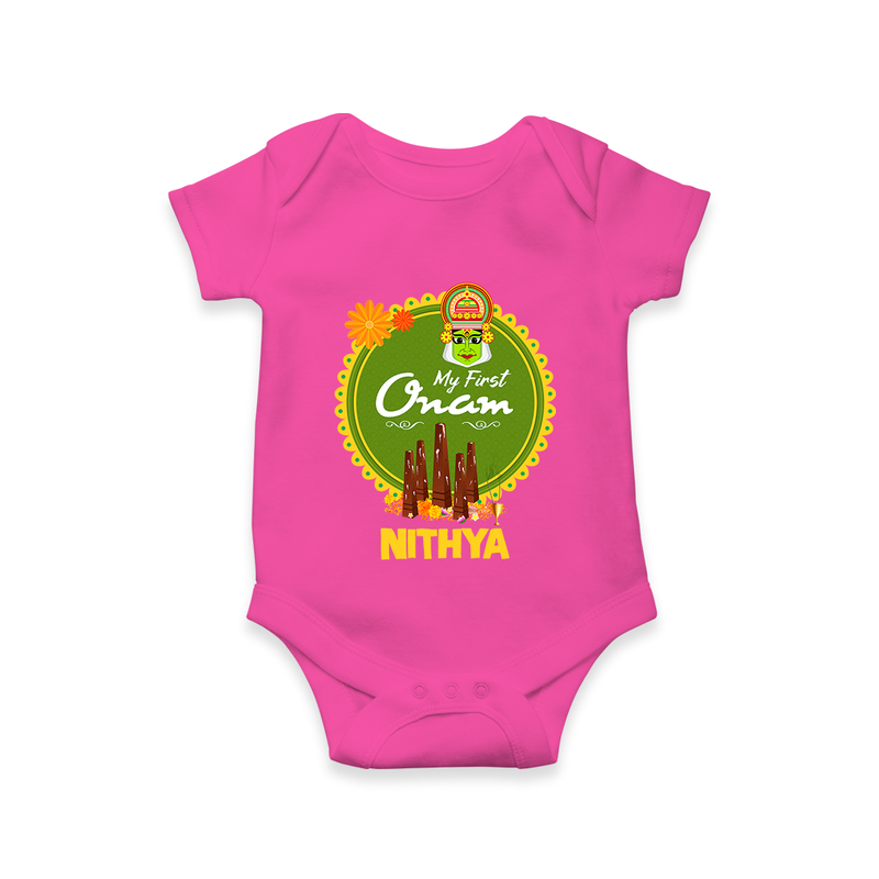 My First Onam Romper / Onesie for Baby | Personalized Baby Romper / Onesie for Onam Festivities - HOT PINK - New Born (Chest 14")