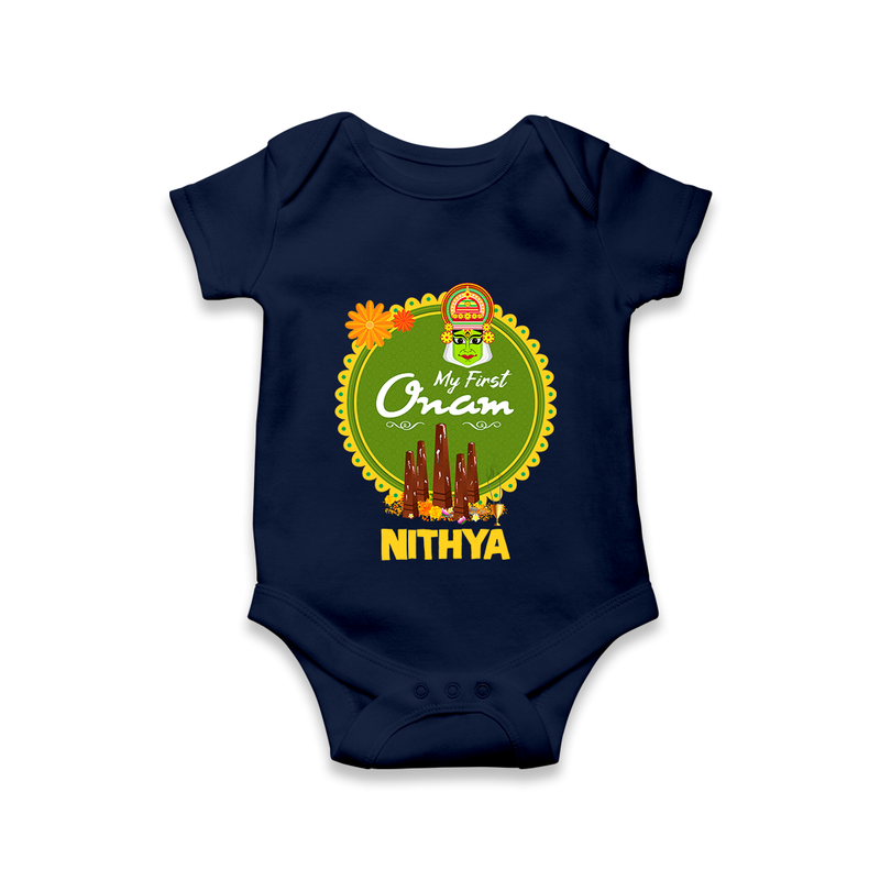 My First Onam Romper / Onesie for Baby | Personalized Baby Romper / Onesie for Onam Festivities - NAVY BLUE - New Born (Chest 14")