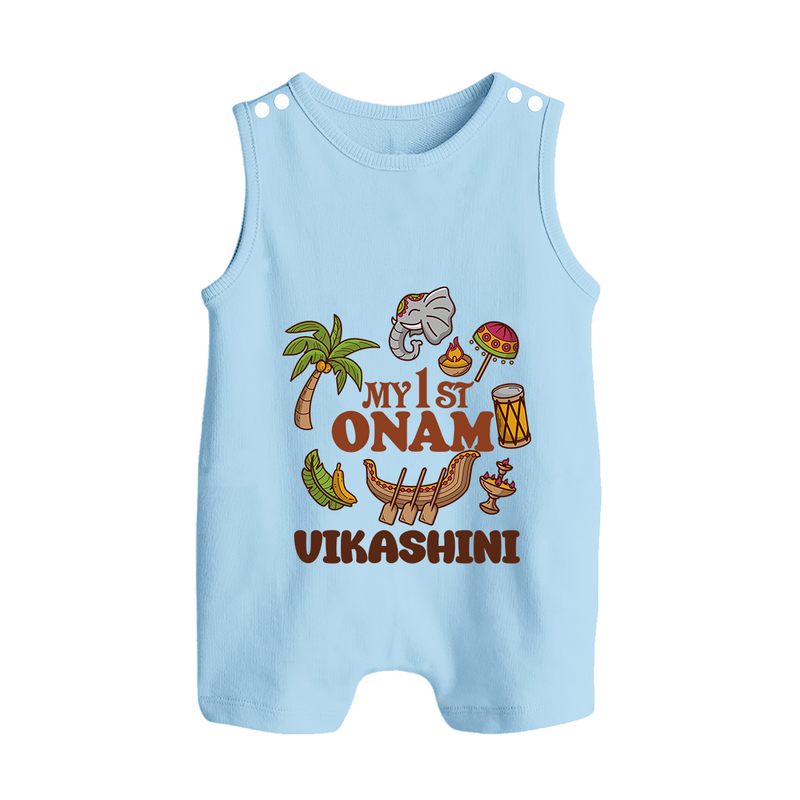 My First Onam Traditional Romper Suit / Sleeveless Romper | Custom Romper Suit / Sleeveless Romper for Celebrating Onam - BABY BLUE - 0 - 5 Months Old (Chest 18")