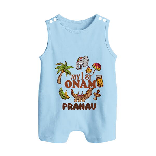 My First Onam Kerala Festival Icons Button Romper - BABY BLUE - New Born (Chest 18")