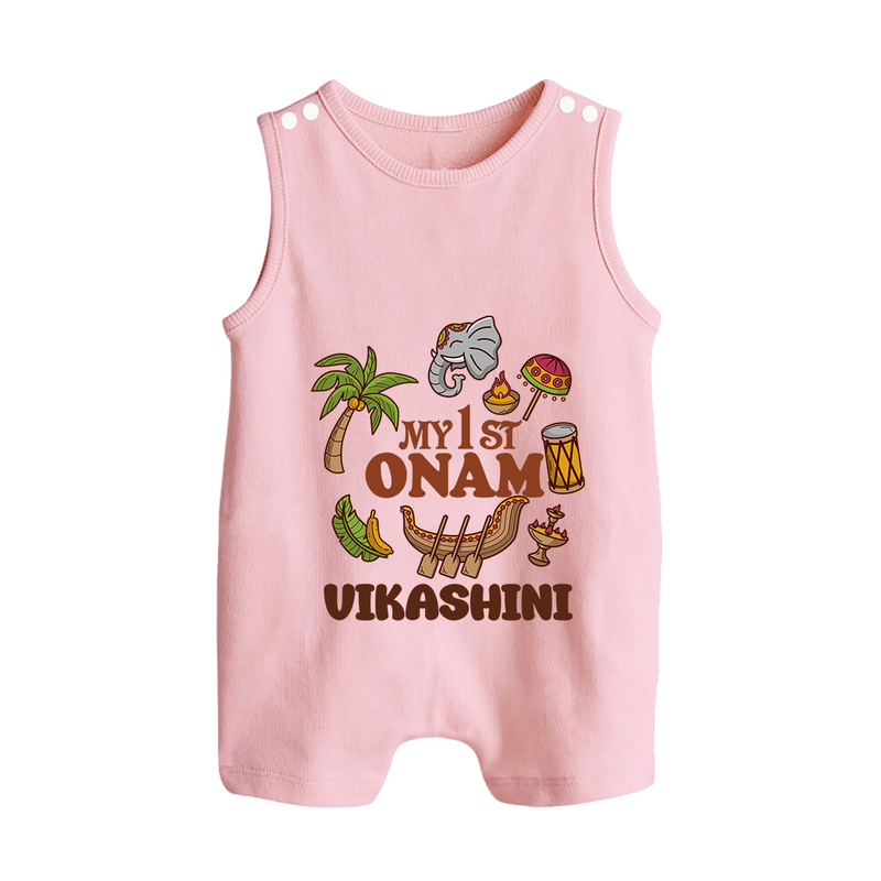 My First Onam Traditional Romper Suit / Sleeveless Romper | Custom Romper Suit / Sleeveless Romper for Celebrating Onam - BABY PINK - 0 - 5 Months Old (Chest 18")