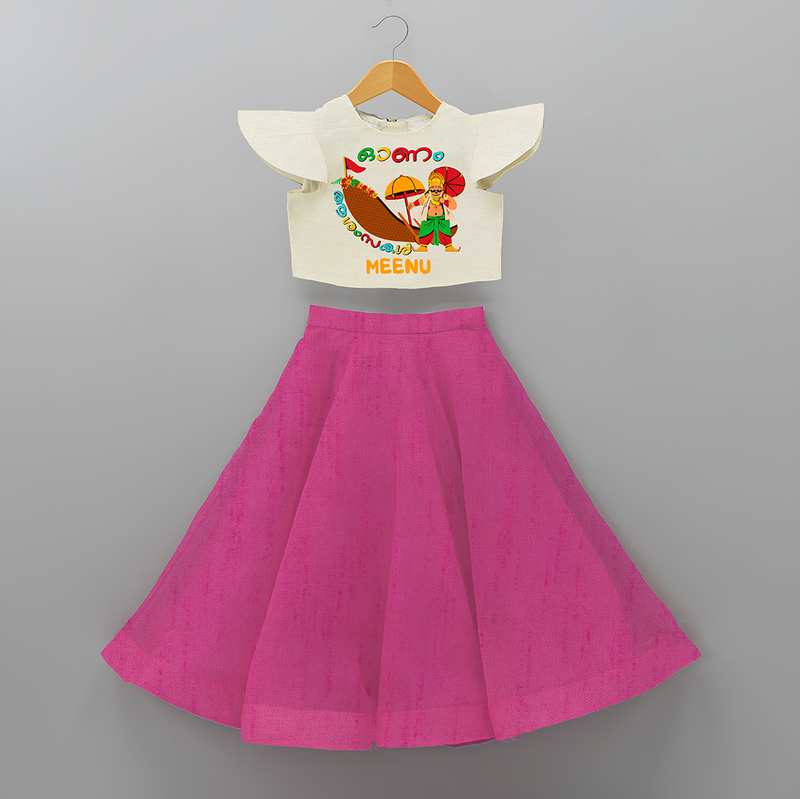 Onam Ashamsakal - Customised Cute Crop Top and Skirt for kids - FUSCHIA - 0-6 Month Old (Chest 20") (Frock Waist 20")