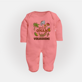 My First Onam Traditional Sleep Suit | Custom Sleep Suit for Celebrating Onam - PEACH - New Born (Chest 7.5")