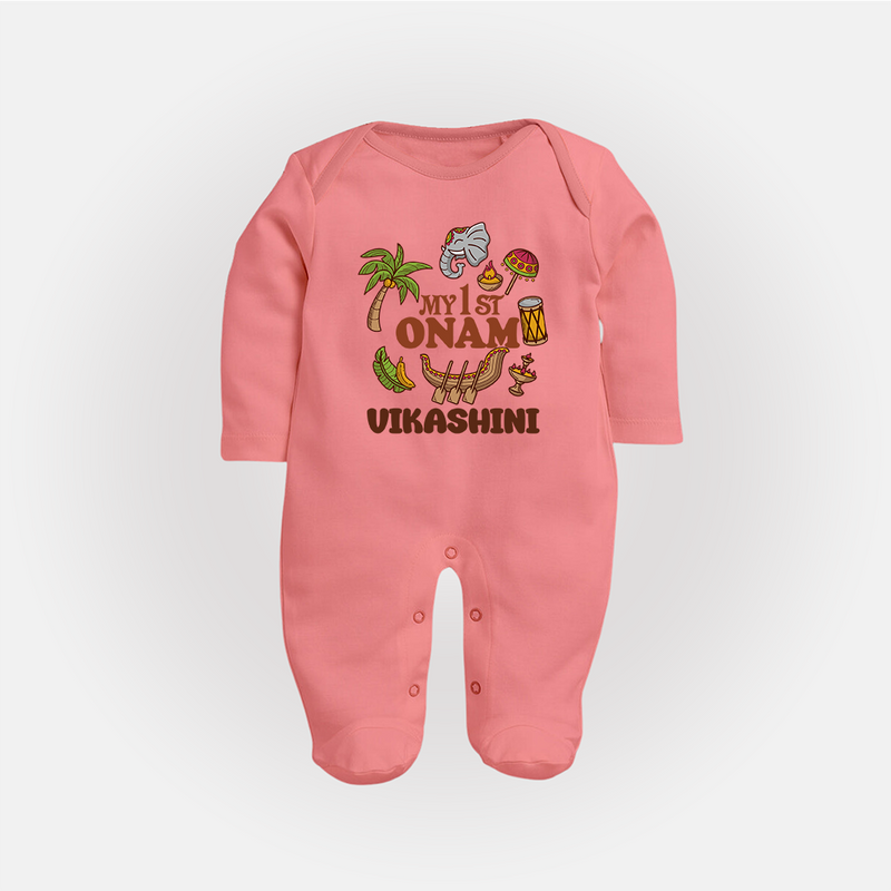 My First Onam Traditional Sleep Suit | Custom Sleep Suit for Celebrating Onam - PEACH - New Born (Chest 7.5")