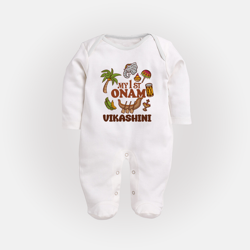 My First Onam Traditional Sleep Suit | Custom Sleep Suit for Celebrating Onam - WHITE - New Born (Chest 7.5")