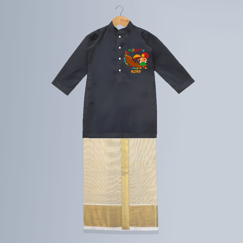 Onam Ashamsakal - Customised Cute Kurta And Mundu for kids - DARK GREY - 0-6 Month Old (Chest 24", Kurta Length 14", Dhoti Length 14")