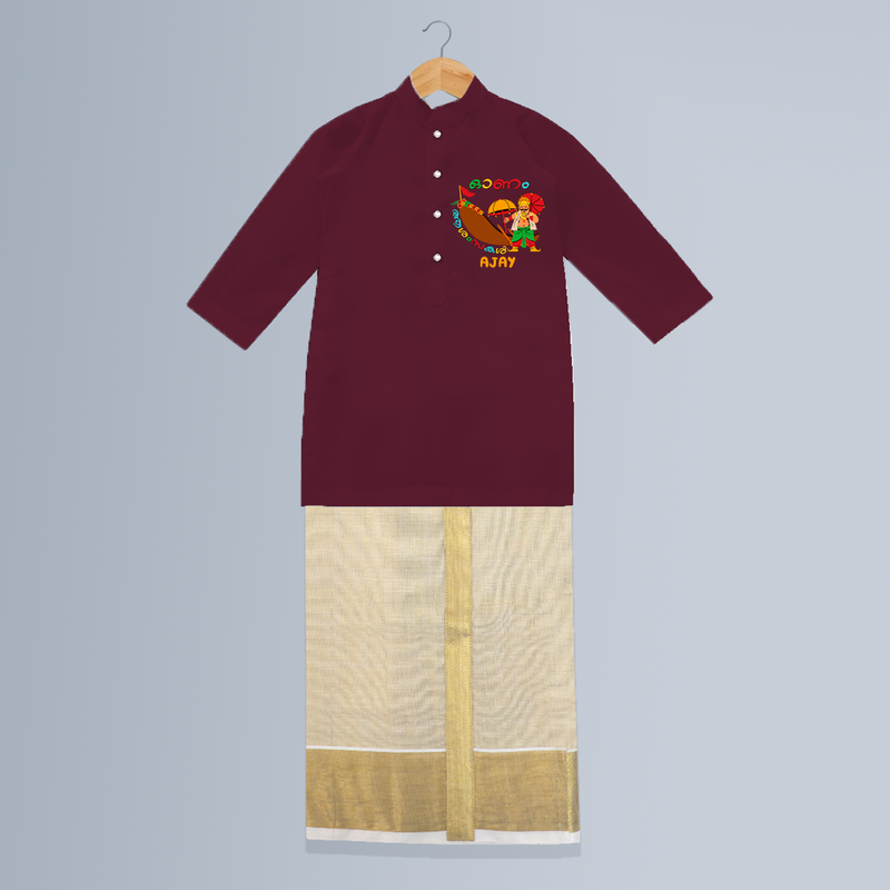 Onam Ashamsakal - Customised Cute Kurta And Mundu for kids - MAROON - 0-6 Month Old (Chest 24", Kurta Length 14", Dhoti Length 14")