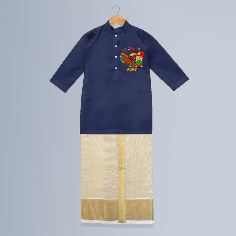 Onam Ashamsakal - Customised Cute Kurta And Mundu for kids - NAVY BLUE - 0-6 Month Old (Chest 24", Kurta Length 14", Dhoti Length 14")